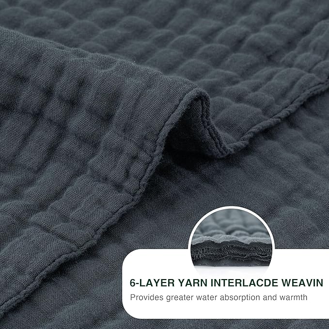 Love's cabin 6 Layer 100% Cotton Muslin Blanket, 108"x90" Muslin King Size Blanket for Bed Couch, Lightweight and Breathable Cotton Gauze for Adult, Dark Grey