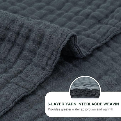 Love's cabin 6 Layer 100% Cotton Muslin Blanket, 90"x90" Muslin Blanket Queen for Couch Bed, Lightweight and Breathable Cotton Gauze for Adult, Dark Grey