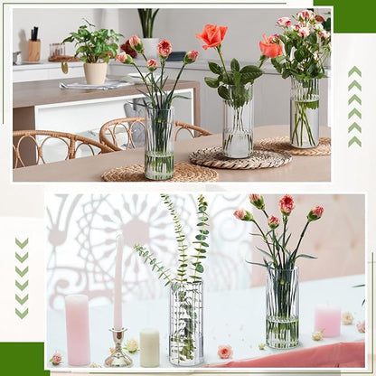 6 Pcs 8 Inch Tall Glass Ribbed Cylinder Vases Clear Floating Candle Flower Vase in Bulk, Hurricane Candle Holder for Wedding Housewarming Gift Table Centerpieces