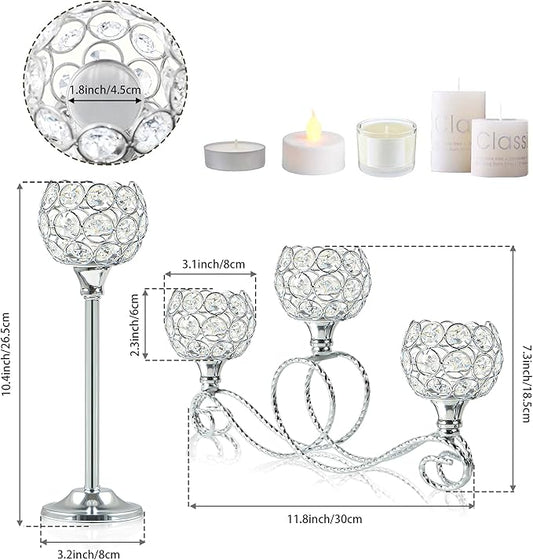 Silver 5 Arm Metal Crystal Tea Light Candle Holder, Elegant Wedding Table Centerpiece Candle Holder, Christmas Wishing Crystal Bowl Candle Holder Suitable for Wedding Party Living Room Decoration