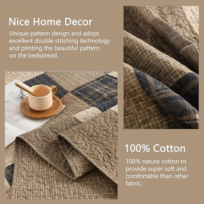 Finlonte 102"x120" Oversized Queen Bedspread - 100% Cotton Lightweight Quilted Bedspreads Coverlet Set, Farmhouse Plaid Bedding Reversible Oversized Queen Quilt with 2 Pillow Shams, Brown/Beige/Cream