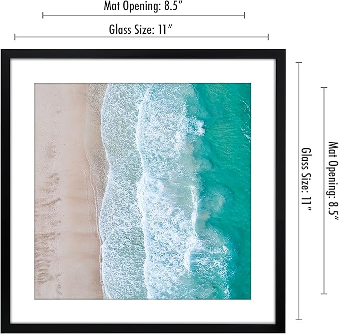 Americanflat 11x11 Picture Frame with Shatter-Resistant Glass - Use as 8x8 Frame with Mat or Display 11x11 Photo Without Mat - Streamline Collection - Thin Border Square Frames for Wall - Black