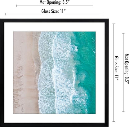 Americanflat 11x11 Picture Frame with Shatter-Resistant Glass - Use as 8x8 Frame with Mat or Display 11x11 Photo Without Mat - Streamline Collection - Thin Border Square Frames for Wall - Black