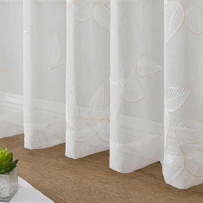 VISIONTEX Sheer Curtains 63 inch Length 2 Panels Set, Decorative Leaves Embroidery, Rod Pocket Embroidered Window Drapes for Living Room and Bedroom, 54" x 63"