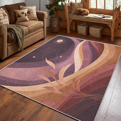 Boho Style Rug, 5x8 Area Rugs Abstract Textured Leaf Moon Pattern for Living Room, Bedroom, Boho Style Home Decor Accessories Indoor Carpet, Non Slip & Machine Washable