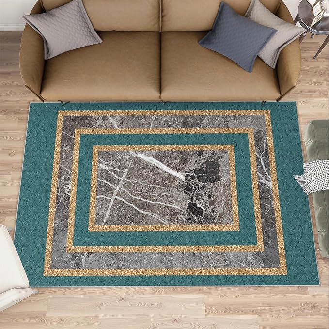 Emerald Green Marble Rug Luxury Teal Marble Area Rug Gilded Geometric Carpet Vintage Stone Crack Carpet for Bedroom Bedside Living Room 2x3ft