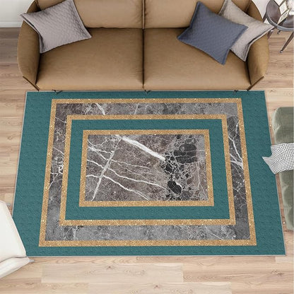 Emerald Green Marble Rug Luxury Teal Marble Area Rug Gilded Geometric Carpet Vintage Stone Crack Carpet for Bedroom Bedside Living Room 6x8ft