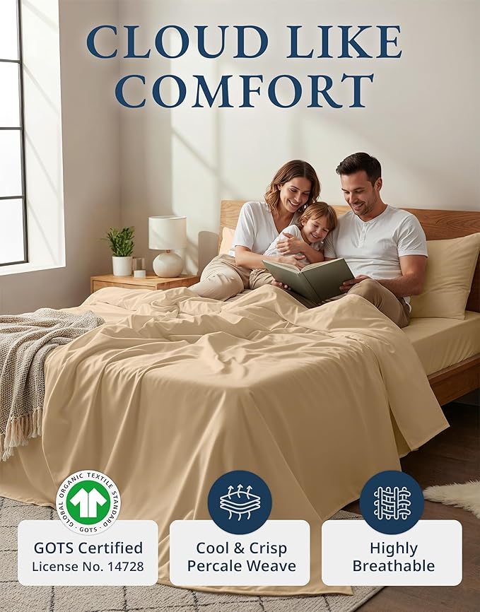 LANE LINEN 100% Organic Cotton Bed Sheets Full Size, Fully Elasticized Reinforsed Seams in Fitted Pocket, Machine Washable Naturally Cooling Full Sheet Deep Pocket Bedding- Linen