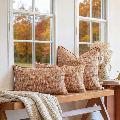 a moment Fall Rust Orange Reversible Pillow Covers 2 Pack - Farmhouse Chenille Throw Pillows, Neutral Textured Decorative Throw Pillow Covers with Border for Couch Sofa Bed (12x20 Inch, No Insert)