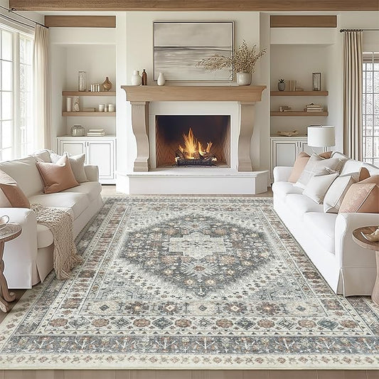 zesthome 8x10 Area Rugs for Living Room,Non-Slip Backing Washable Rugs,Vintage Large Area Rug，Stain Resistant Home Decor Rug (Grey/Orange,8'x10')