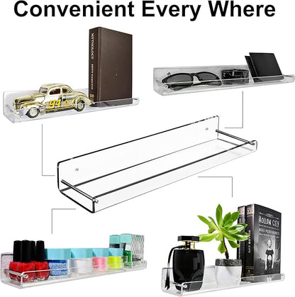 AMT 2 Pack Acrylic Floating Shelves, 15" L x 4.8" W, Clear Bathroom Wall Shelf, Bookshelves, Invisible Display for Office, Bedroom, Small Gap Allows Water to Escape, Free Screws & Drill Bit (Medium)