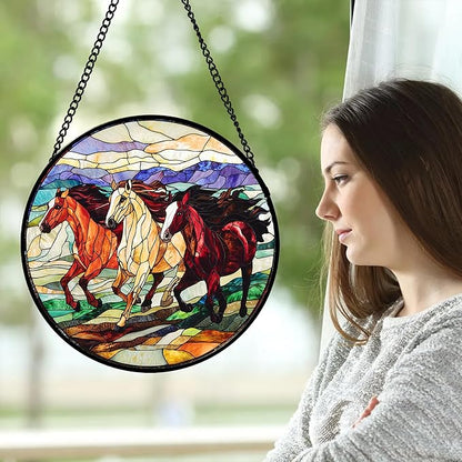 DASTOLL Stained Glass Window Hanging, Colorful Landscape Running Horse Suncatcher for Doors Window Home Sun Catchers Decoration Mother's Day Birthday Gifts for Women, Men, and Mom 15x15 in