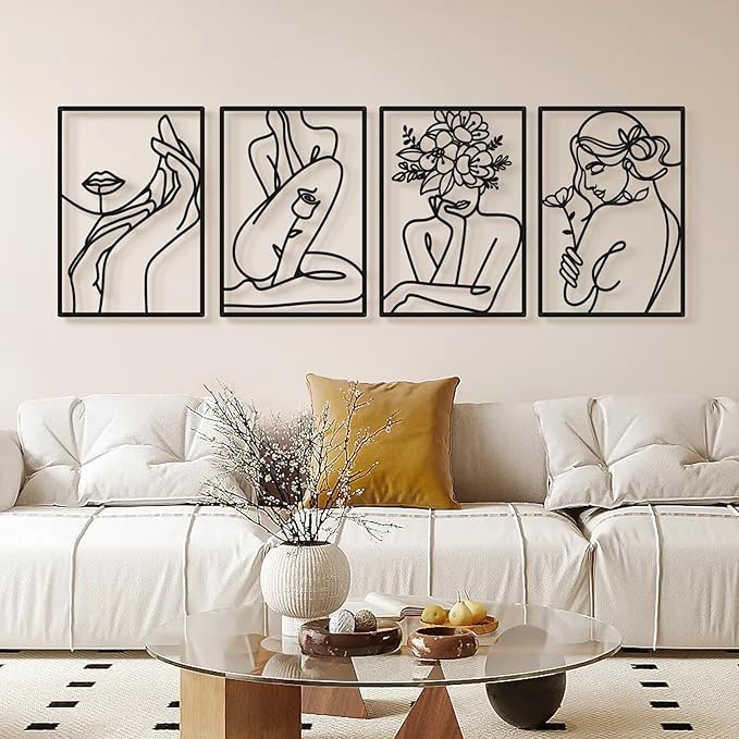 Bakovity Black Metal Wall Art, Abstract Flower Line Sculpture, Black Minimalist Modern Wall Decor for Living Room, Bedroom, Bathroom (4 Pieces, 17x12 Inches)