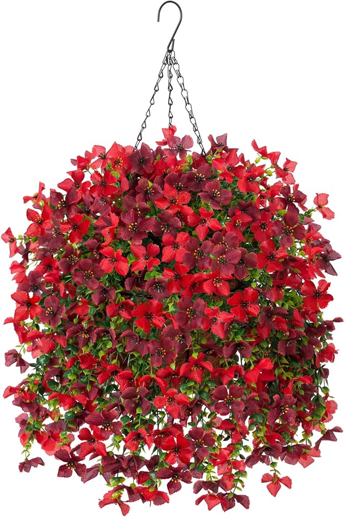 Artificial Hanging Flowers Plants with Basket for Outdoors, Realistic Faux Silk Daisy Flower Eucalyptus for Spring Decor, UV Resistant Fake Plants for Porch Patio Yard Balcony, Red Brown