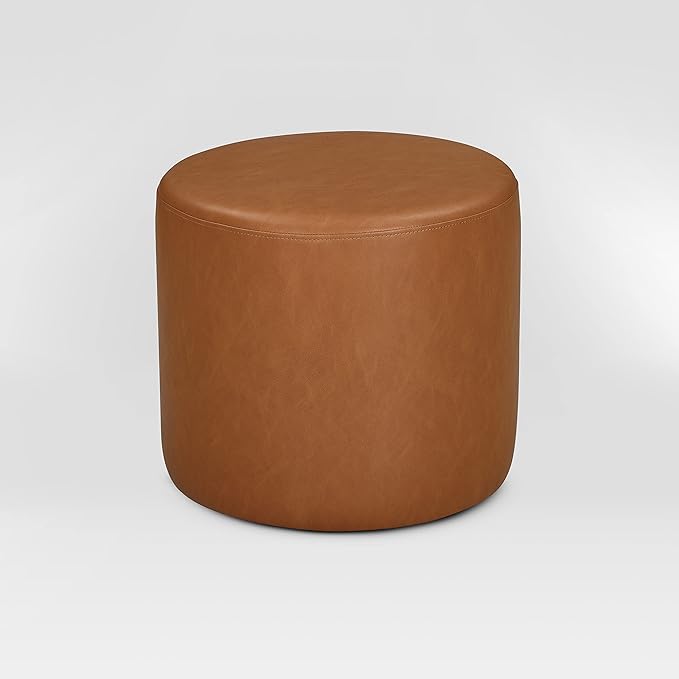 Lifestyle Solutions 19” Wentworth Ottoman Round Faux Leather Bench, Stationary Ottomans, Backless Chair, Footrest for Living Room, Footstool Office, Bedroom, Padded Seat, Caramel Brown