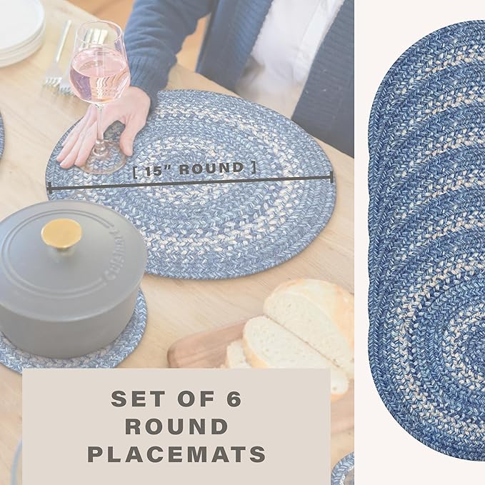 Homespice Denim Jute Woven Round Placemats Set of 6, 15", Country Coastal Decor, Blue Table Mats - Vibrant Colors, Durable, Easy to Clean and Protects Furniture