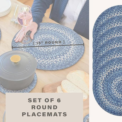 Homespice Denim Jute Woven Round Placemats Set of 6, 15", Country Coastal Decor, Blue Table Mats - Vibrant Colors, Durable, Easy to Clean and Protects Furniture