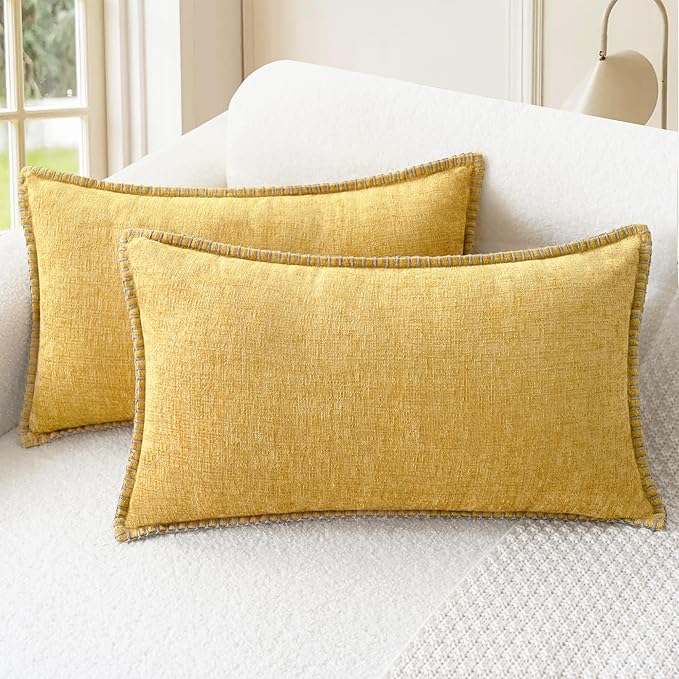 CaliTime Throw Pillow Covers Decorative 12 X 20 Inches Pack of 2 Cotton Thread Stitching Edges Solid Dyed Soft Chenille Cushion Cases for Couch Sofa Bed Living Room Farmhouse Gold