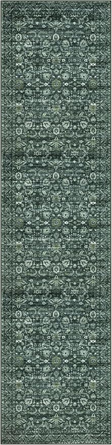 Hallway Runner Rug, Dark Green Washable Runner Rug 2x8 Vintage Floral Kitchen Rug Runner Non Slip Boho Thin Printed Faux Wool Super Soft Carpet for Entryway Bedroom Laundry Room Indoor