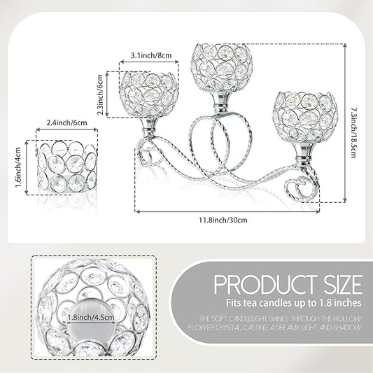 Silver 2 Pcs-3Arm Metal Crystal Tea Light Candle Holder, Elegant Wedding Table Centerpiece Candle Holder, Christmas Wishing Crystal Bowl Candle Holder Suitable for Wedding Party Living Room Decoration