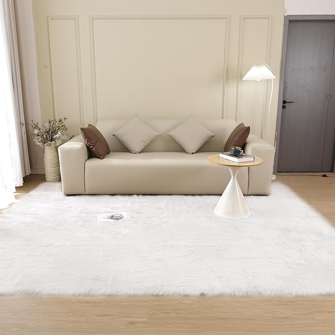 Shag Plush Rug 8x10 Area Rugs for Bedroom White Fluffy Living Room Rug Large Washable Faux Sheepskin Furry Fur Rugs for Nursery