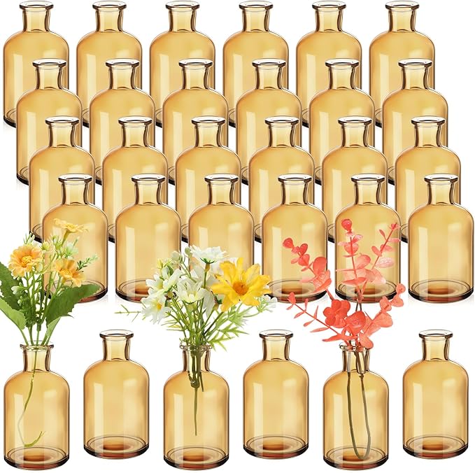 Lallisa 30 Pcs 4 Inches Small Glass Bud Vases Bulk Mini Flower Vases for Centerpieces Decorative Glass Bottles Vintage Rustic Decoration for Wedding Dining Table Home Decor (Amber)
