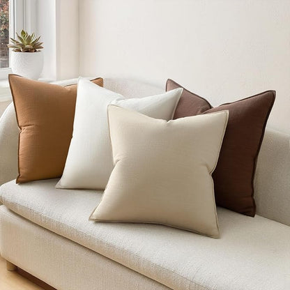 Solid Linen Neutral Brown Pillow Covers with Flange Design Pack of 4 Decorative Brown Throw Pillow Covers Soft Accent Boho Couch Pillowcases Farmhouse for Living Room Bed Sofa 16x16 Inch