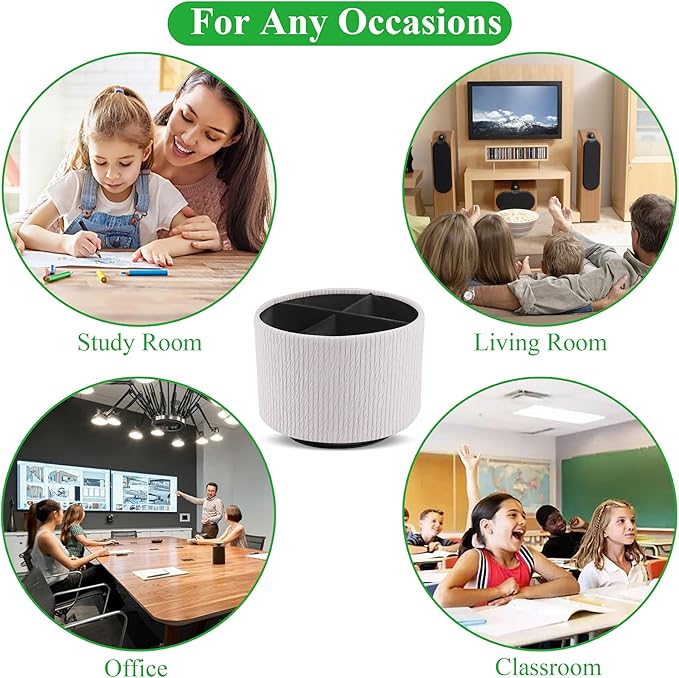 Round Leather Art Supply Organizer,Remote Control Holder,360 Degree Spinning,Multi-Functional Pencil Holder,4 Compartments Desktop Stationary Organizer(1-Wood Beige)