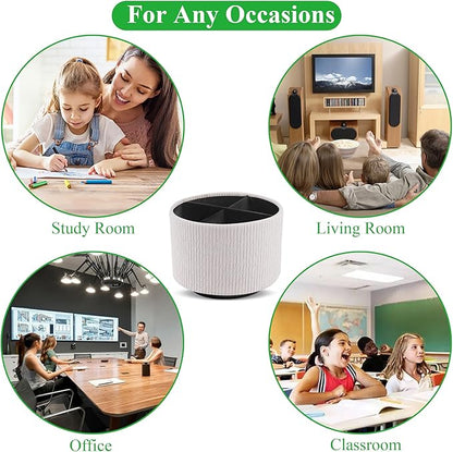 Round Leather Art Supply Organizer,Remote Control Holder,360 Degree Spinning,Multi-Functional Pencil Holder,4 Compartments Desktop Stationary Organizer(1-Wood Beige)