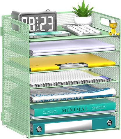 7 Tier Paper Organizer - Mesh Desktop File Holder with Handles for Office School Desk, Black (Mint green)