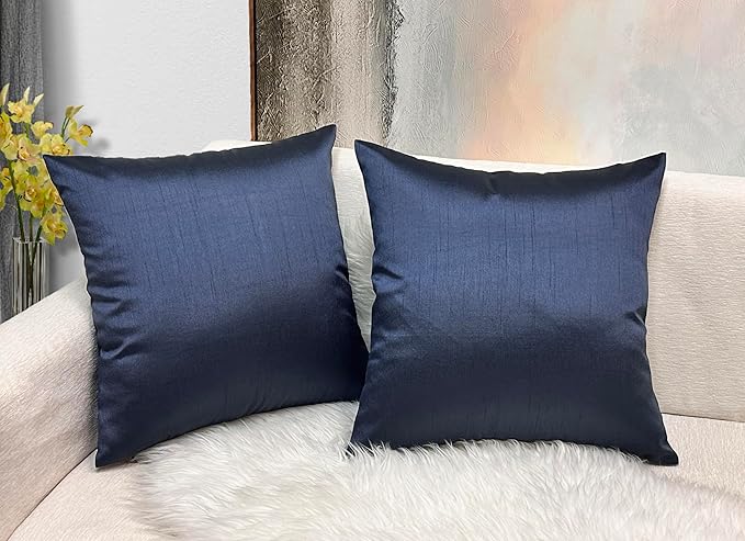 Aiking Home Collection 26x26 Inches Faux Silk Square European Shams, Zipper Closure, Navy (Set of 2)