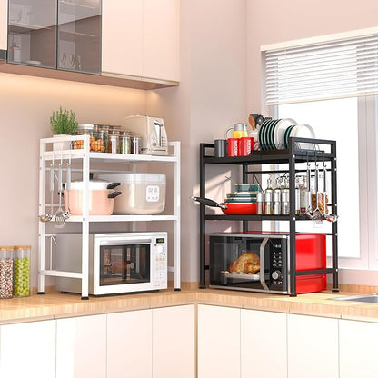 PUSDON Microwave Oven Rack, Adjustable Heavy Duty 3-Tier Shelf with 3 Hooks for Kitchen Counter Top Organizer, Holds 160lbs, Black