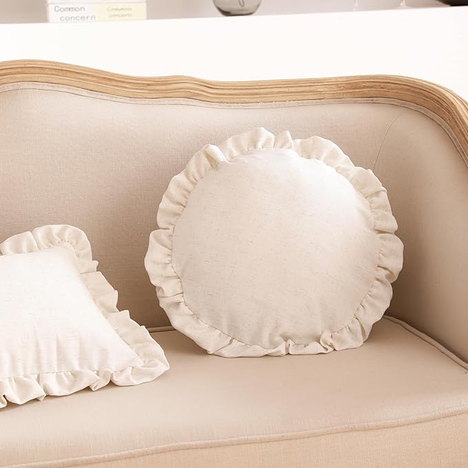 ISAENNE 2 Pcs Classic Ivory White Round Throw Pillow Cover Diameter 16", Solid Color Farmhouse Linen Cotton Decor Pillow Cover with Ruffles, Sturdy Throw Pillowcase for Couch Sofa Bed Living Room
