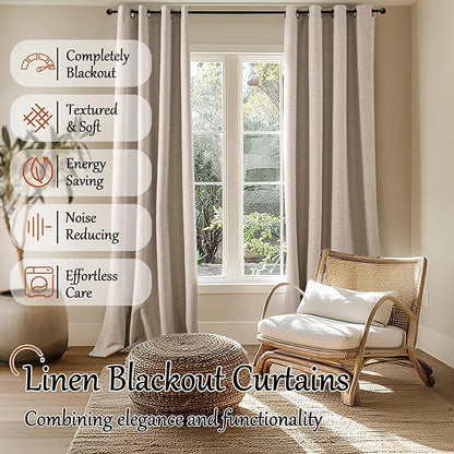 Lajode Beige 100% Blackout Curtains for Living Room 95 Inch Length 2 Panels Set, Thermal Insulated Light Blocking Faux Linen Curtains for Bedroom, Bronze Grommet Boho Window Drape Each 52" Wide