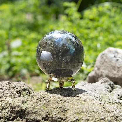 Crocon 50mm Labradorite Stone Sphere Ball with Metal Stand 1400+ Carats Gemstone Ball Healing Sphere Sculpture Figurine for Fengshui Divination Home Decoration Photography Crystal Sphere