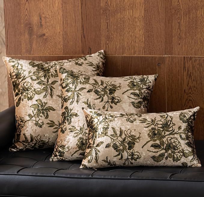 Velvet Floral Print Throw Pillow Covers Set of 2, Superior Soft Decorative Pillow Cases with Luxurious Silky Textured Vintage Cushion Covers for Home Decor Couch Sofa Bed (Champagne, 12x20)