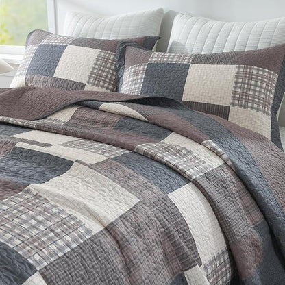 100% Cotton Quilts Queen Size, Queen Quilt Bedding Set Bedspread, Patchwork Plaid Quilt for Queen Bed, 3 Pieces Farmhouse Reversible Lightweight Comforter Bed Spread, Gray/Brown/Beige