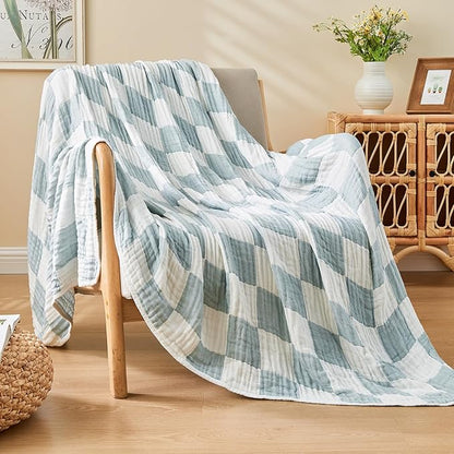 EMME Checkered Cotton Blanket Queen Size for Bed Soft Large Muslin Bamboo Bed Blankets 80"x90" Lightweight Breathable All Season Gauze, Teal