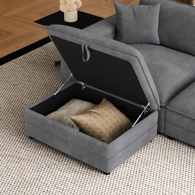 115" L Shaped Cloud Sofa Couch with Ottoman, Storage Armrest, Cup Holders, USB & Type-C Ports, Spring Cushions, Solid Wood Frame, Chenille Modular Sectional for Living Room (Dark Gray-L-115.2")