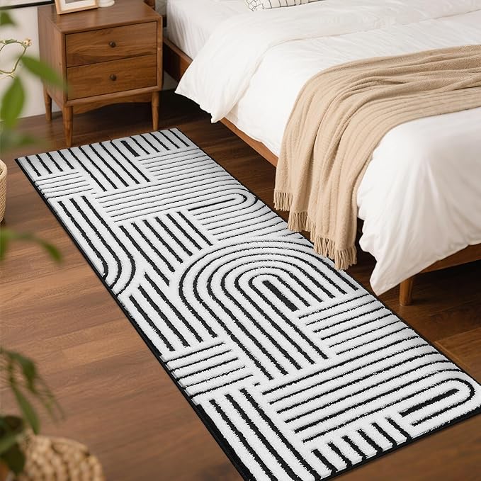 SHACOS Soft Cozy Fluffy Arch Pattern High Low Pile Runner Rugs 2'x6' Non Slip Washable Rug Runners Modern Geometric Arc Carpet for Bedroom Bathroom Hallway, Black White