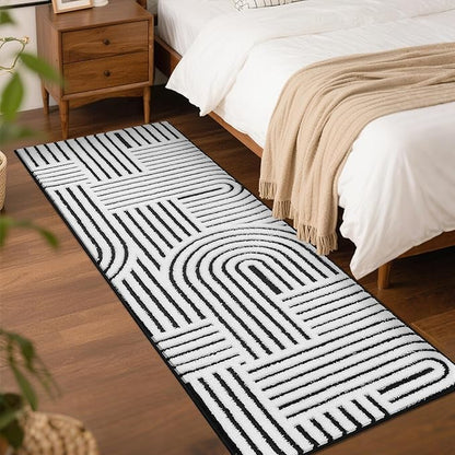 SHACOS Soft Cozy Fluffy Arch Pattern High Low Pile Runner Rugs 2'x6' Non Slip Washable Rug Runners Modern Geometric Arc Carpet for Bedroom Bathroom Hallway, Black White