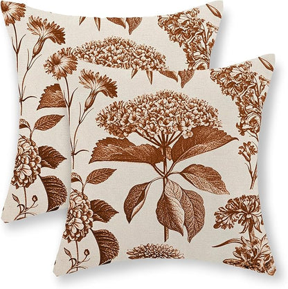 Orange Pillow Covers 18x18 Set of 2 Vintage Boho Floral Hydrangea Herbs Botanical Fall Throw Pillows Fall Outdoor Decoration Pillowcase Linen Farmhouse Cushion Case Decorative for Couch Sofa