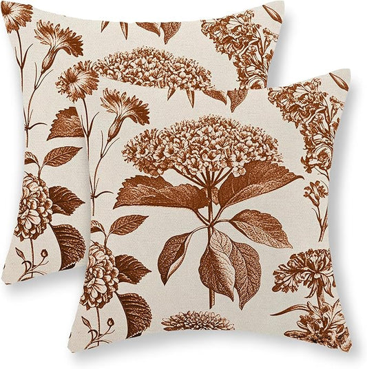 Orange Pillow Covers 18x18 Set of 2 Vintage Boho Floral Hydrangea Herbs Botanical Fall Throw Pillows Fall Outdoor Decoration Pillowcase Linen Farmhouse Cushion Case Decorative for Couch Sofa