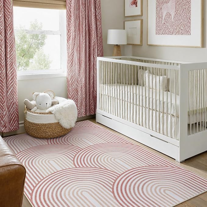 Moynesa Abstract Rainbow 5x7 Area Rugs for Living Room, Washable Soft Pink Rugs for Bedroom Girl Nursery Classroom Easy Clean, Mid Century Modern Accent Carpet for Home Office Decor