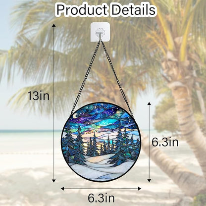 DASTOLL Stained Glass Window Hanging, Starry Sky Trees and Snow Sun Catchers Glass Panel Blue Suncatcher Decor for Birthday for Women, Men, Wife, Aunt, and Mom 6.3 in