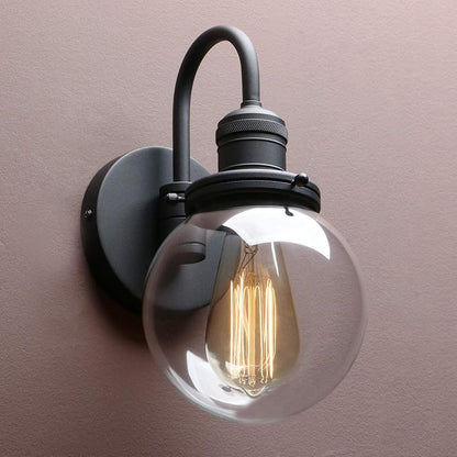 Yosoan 1-Light Brass Modern Vintage Indoor Wall Sconce, Vanity Single Luxury Hardwired Retro Textured Clear Round Globe Glass Shade with Industrial Curved Rod Bathroom Hallway Lamp(Black)