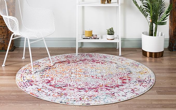 Rugs.com Arlington Collection Rug – 7 Ft Round Light Multi Medium-Pile Rug Perfect for Kitchens, Dining Rooms