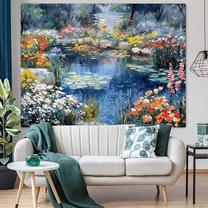 kampdream Scenery Tapestry, Colorful Flower Pond Landscape Wall Hanging, Nature Home Decor for Bedroom and Living Room Aesthetic Wall Art Decoration