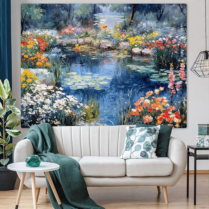 kampdream Scenery Tapestry, Colorful Flower Pond Landscape Wall Hanging, Nature Home Decor for Bedroom and Living Room Aesthetic Wall Art Decoration