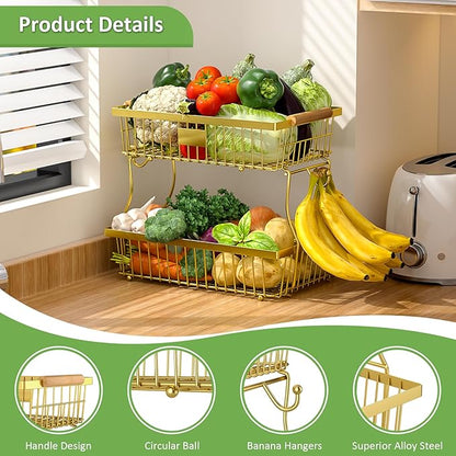 2 Tier Fruit Basket for Kitchen Counter with 2 Banana Hangers, Countertop Metal Fruit Bowl with Wooden Handle, Large Storage Stand for Vegetables, Snacks, Breads, Produce Storage – Gold